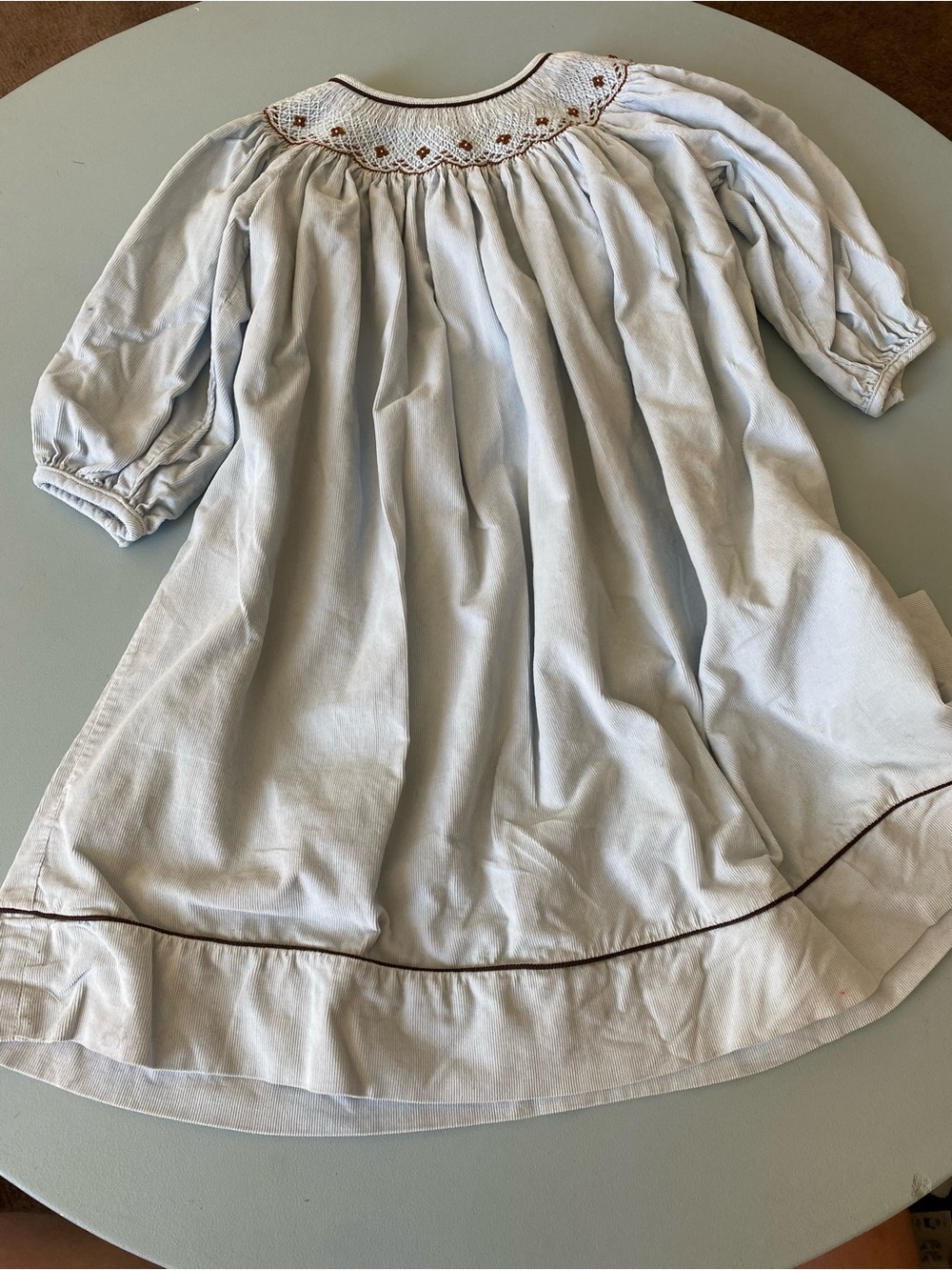 Vintage Toddler Light Blue Smocked Corduroy Dress with Brown Trim 4T